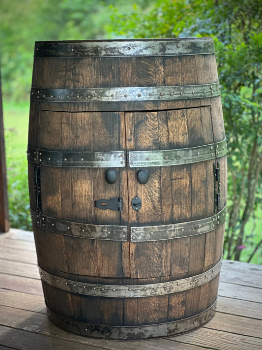 Authentic Whiskey Barrel Liquor Cabinet With LED Lightning