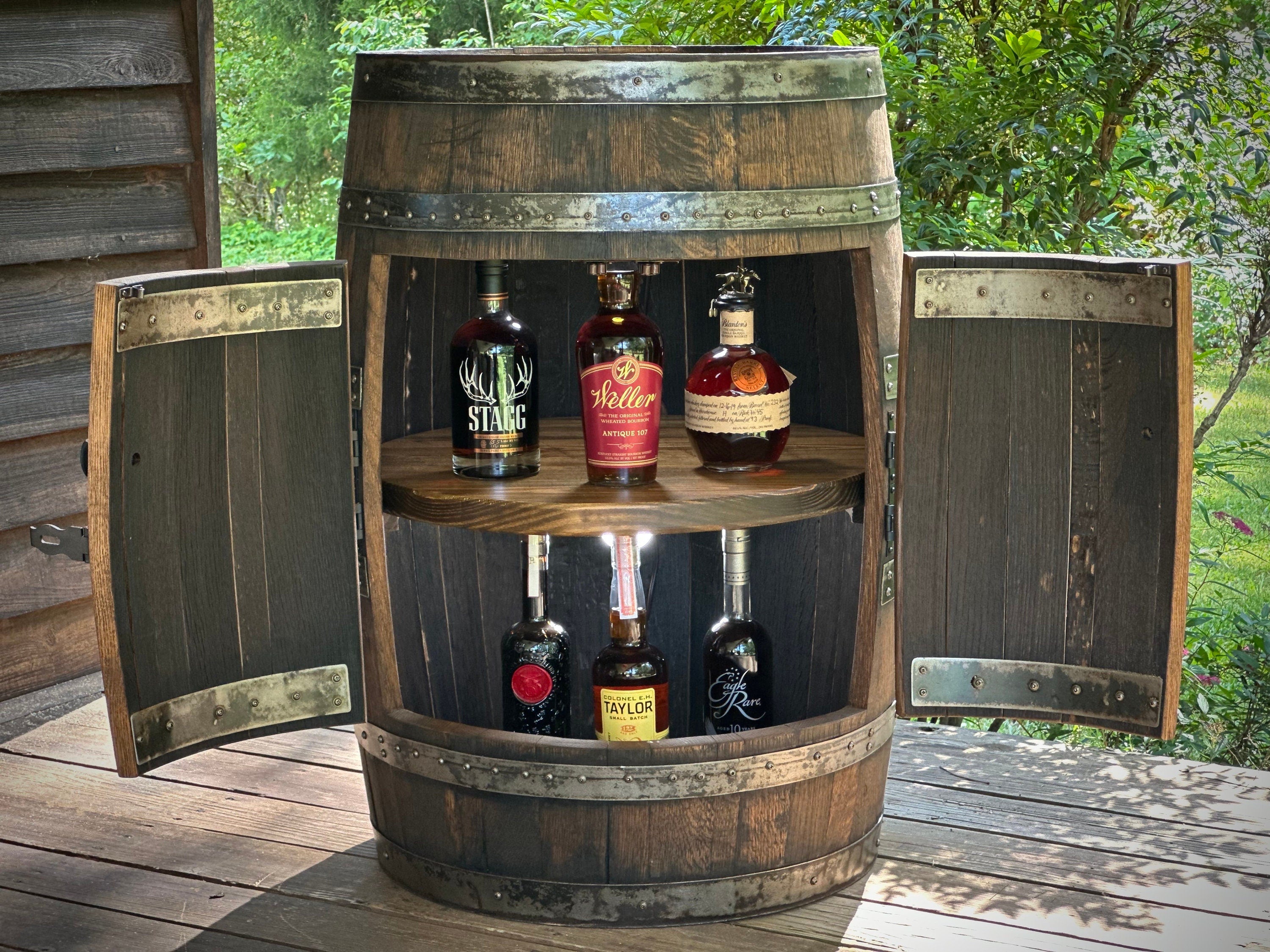 Authentic Whiskey Barrel Liquor Cabinet With LED Lightning