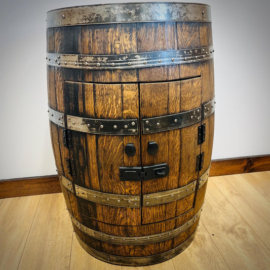 Authentic Whiskey Barrel Liquor Cabinet With LED Lightning